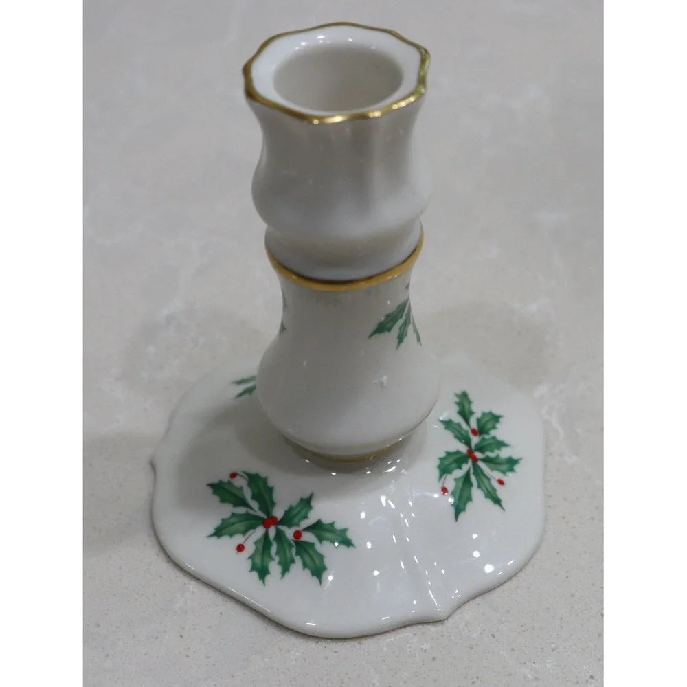 Lenox Holiday Candlestick Holder Holly Berry Gold Trim Ivory China Made in USA